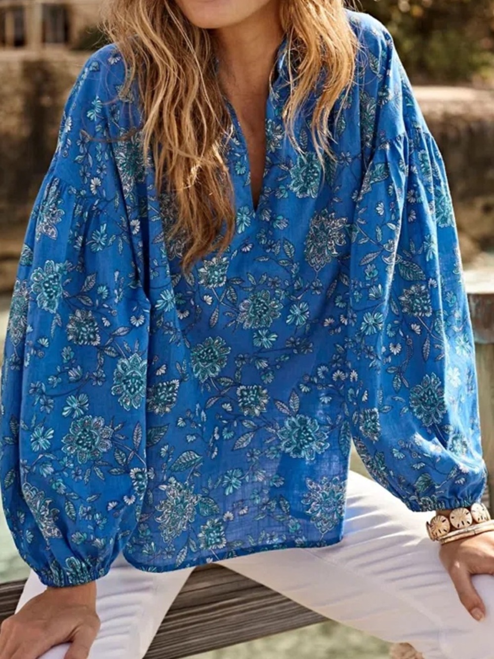 J. Jill Blue Floral V-Neck Blouse with Balloon Sleeves